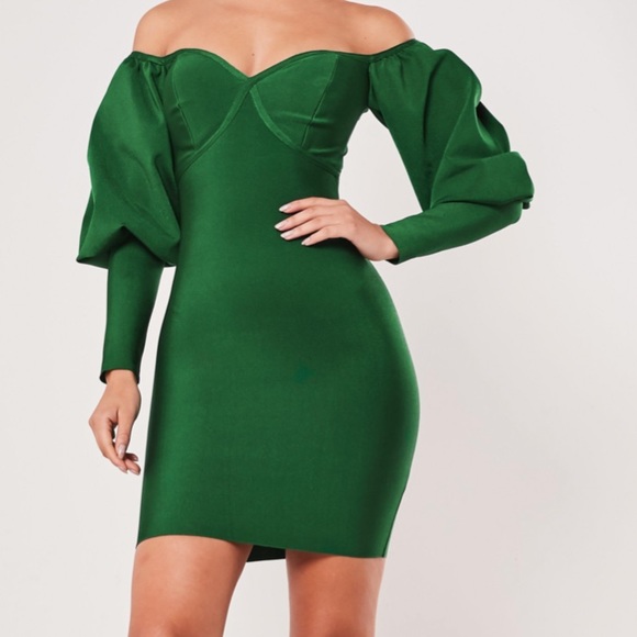 Green puff sleeve bandage dress - Picture 3 of 7